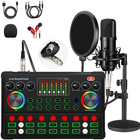 Podcast Equipment Bundle, 48V XLR Podcast Microphone Bundle, Voice Changer with Adjustable Mic Stand, Studio Condenser Microphone for Smartphone, PC, DJ, Video Recording, Streaming, Gaming and Singing