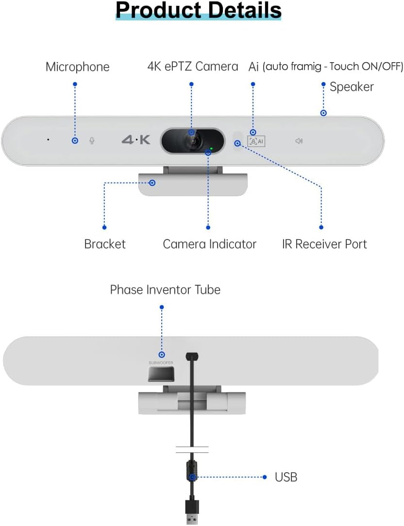 Conference Room Camera, All-in-One 4K Webcam with Microphone and Speaker, AI Tracking and Auto Framing, Wide Angle of View, Plug and Play USB Webcam for PC, Mac, Meetings, Teams, Zoom & Webex (White)