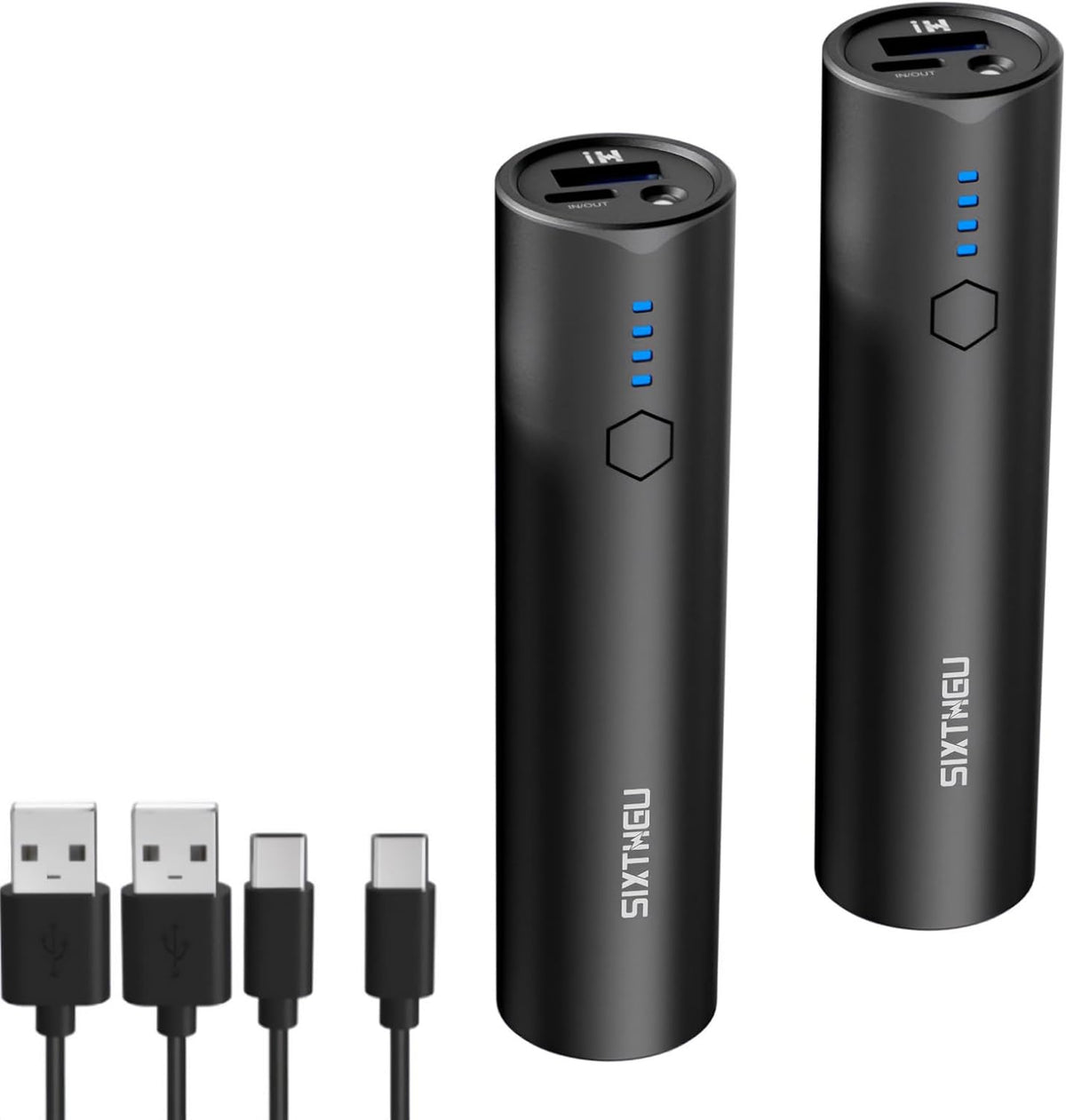 SIXTHGU Portable Charger 5000mAh, Mini Power Bank 2-Pack for iPhone | Pocket-Size Cylindrical Design, 15W Fast Charging USB-C In&Out, LED Flashlight, for Travel & Daily Commute, TSA-Friendly