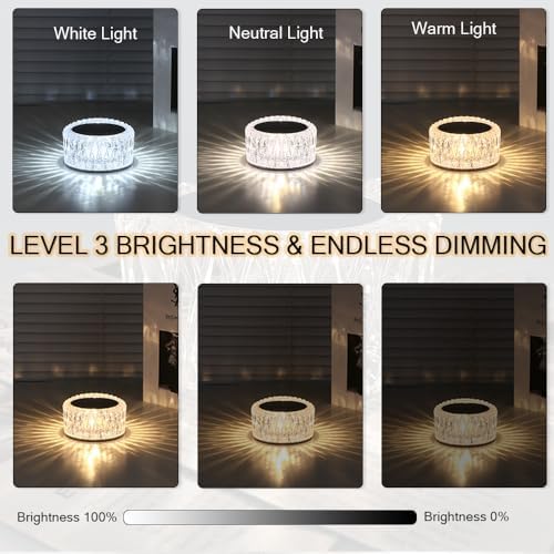 Portable Crystal LED Table Lamp, 3-Levels Brightness Desk Lamp,3 Color Touch Control Rechargeable Lamp for Bedroom Living Room Decor (3 Color)