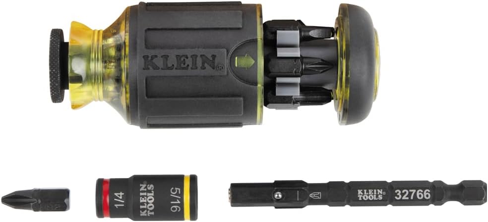 Klein Tools 32308F Impact Driver Set, 10-in-1 Stubby Screwdriver Driver Set, Hex Flip Socket, 7 Bits, 1/4-Inch Bit Holding Feature, 10-Piece
