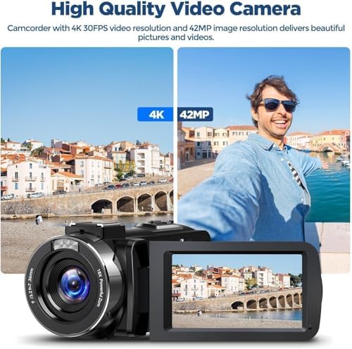 4K Video Camera Camcorder 42MP, 3.0" 270° Rotation Screen, 18X Digital Zoom YouTube Vlogging Camera with 2 Batteries, Remote Control, Webcam, 32G SD Card & Lens Cap