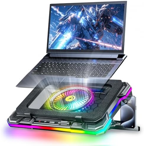 KeiBn Gaming Laptop Cooling Pad, Laptop Fan Cooling Pad with 5.5inch RGB External Fan, Rapid Cooling Laptop 15.6-19.3inch, 8 Height Stands, 2 USB Ports, Phone Holder-K1 5V RGB