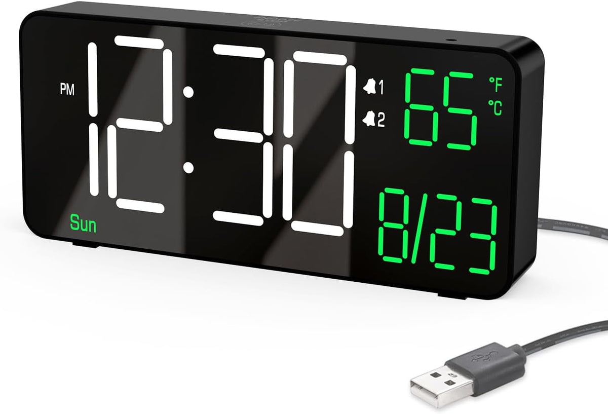 KOSUMOSU Digital Clock for Bedroom, 6.7in Desk Clock, Auto Dimming, Room Temperature, Day of The Week, Date, Seconds, Clocks for Living Room, Alarm Clocks for Bedrooms