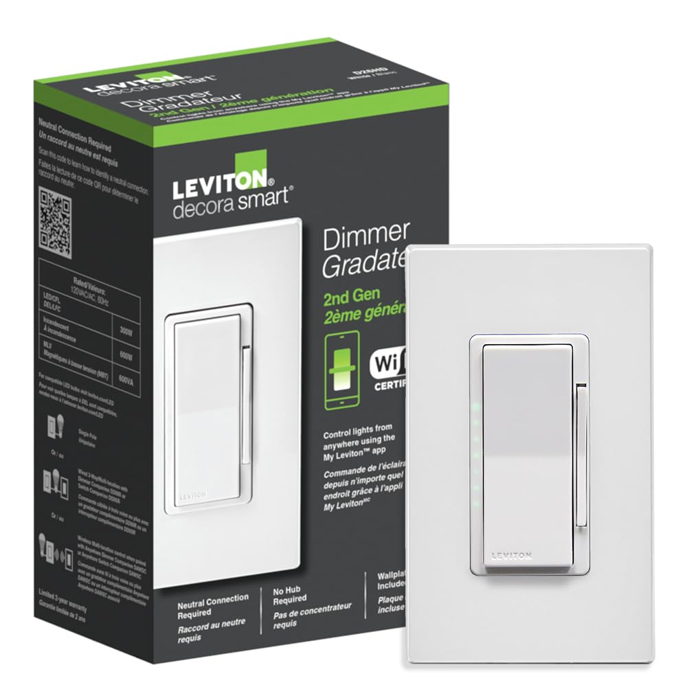 Leviton Decora Smart Switch, Wi-Fi 2nd Gen, Neutral Wire Required, Works with Matter, My Leviton, Alexa, Google Assistant, Apple Home/Siri & Wired or Wire-Free 3-Way, D215S-1RW, White