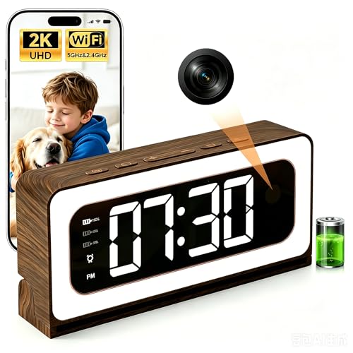 Alarm Clock Camera, Wood Grain,5G & 2.4GHz WiFi Nanny Cam Wireless Indoor Camera,2K Security Camera for Home Baby Pet Monitor, Human Motion Detection Alerts, Color Night Vision