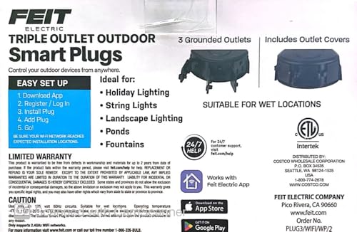 Feit Electric Triple Outlet Outdoor Smart Plugs, 2-Pack, WiFi, Controls Devices from Anywhere, Voice Control, Schedules, Timer, Compatible with Alexa and Google Home, Black
