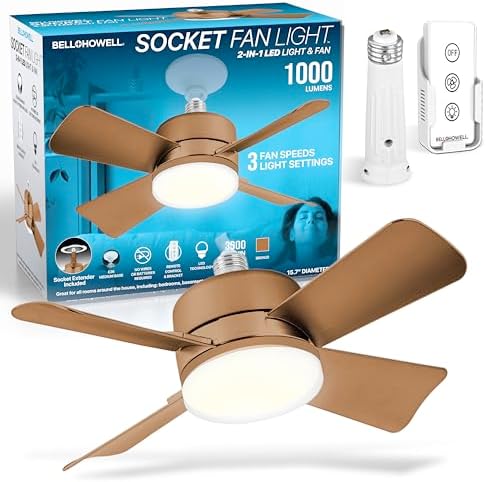 Bell+Howell Socket Breeze Socket Fan Light with Remote | 3500K, 1000 Lumens, Portable, Easy to Install Ceiling Fans Replacement for Bedroom, Kitchen, Living Room
