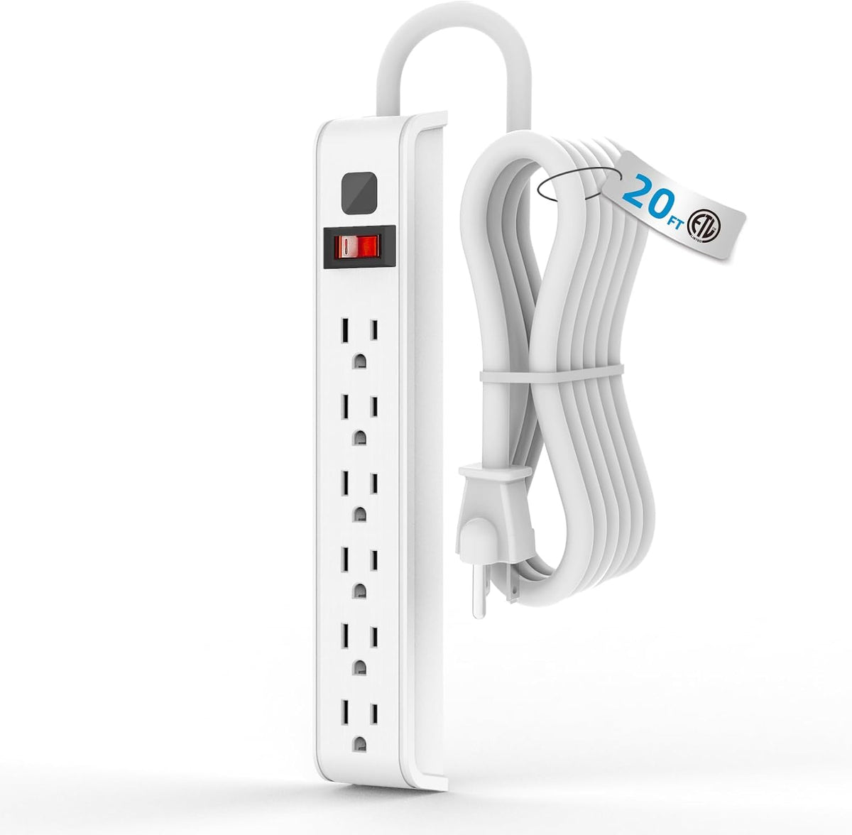 TiFFCOFiO Surge Protector Power Strip, 25 Feet Extension Cord, 600 Joules Surge Protection, Multiple Protection 6 Outlet Strip, 14 AWG Cord, 15A/1875W, ETL Listed