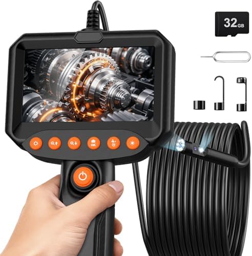 Dual Lens Endoscope Camera with Light, 1920P HD Industrial Borescope with 4.3" LCD, IP67 Waterproof Inspection Camera, 16.4FT Semi-Rigid Cable, 8 LED Lights 32GB Card, for Sewer Pipe Car Repair(Black)