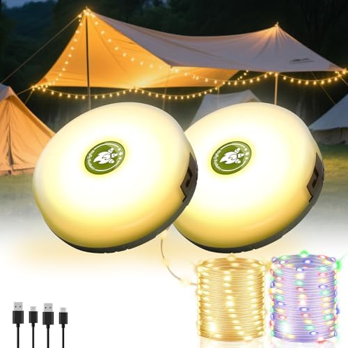 2 Pack Camping String Lights 4 in 1, 8 Modes Rechargeable Fairy Tent Lights | 30s Quick Storage, 32.8FT RGB Retractable Lights, Camping Essential Gear, Waterproof Hanging LED Lantern, Outdoor Party Decor