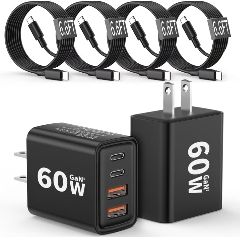 2 Pack USB C Charger Block 60W, 4-Port GaN5 Super Fast Phone Charger, Type C Charging Block PD 20W & QC 20W with 6.6FT USB C Cables for iPhone 17 Air/17/16/15 Pro Max Samsung Galaxy S24