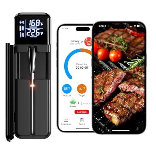 Smart Wireless Meat Thermometer, Digital Cooking Thermometer with Dual High-Accuracy Sensors, Ceramic Heat-Resistant Probe, Instant Read LCD & App Control for Kitchen,BBQ, Oven,Grill,Air Fryer, Black