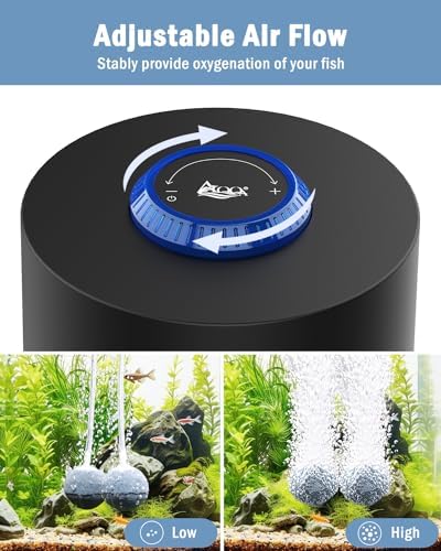 AQQA Aquarium Air Pump, 3W Powerful Dual Outlet Adjustable Oxygen Aerator | Quiet Operation, Stainless Steel Outlet Fish Air Pump, Adjustable Air Flow with Air Stone Bubbler, for Up to 80 Gallon Tank