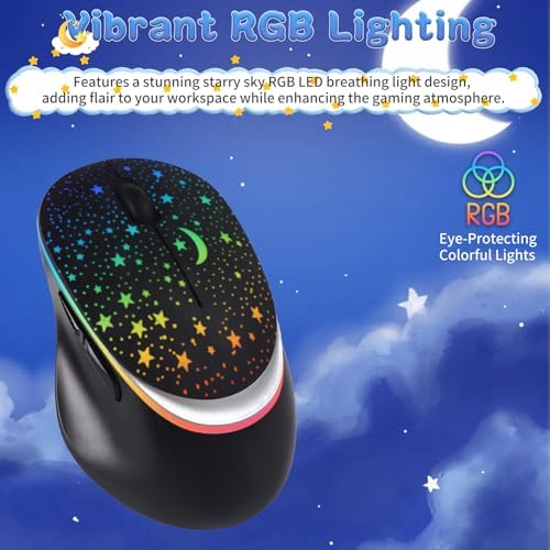 elec Space Bluetooth Wireless Mouse with Starry Sky RGB Backlight& Gradient Breathing Light - Ergonomic Dual Mode Rechargeable Mouse, Type-C Charging - Perfect for Office, Gaming & Travel (Balck)