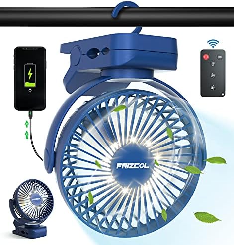 Clip on Fan, 65H Working Time Rechargeable Fan with LED Lights/Remote/Hooks | 12000mAh Battery Powered Fan with Strong Clamp, Small Desk Fan Mini Fans for Tents Travel Outdoor Camping Golf Cart Stroller