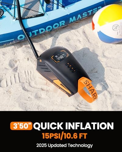OutdoorMaster Shark 3 Paddle Board Pump Electric 74Wh- 3'50" Fast Inflation | 74Wh Rechargeable SUP Air Pump, One Charge for 4 SUPs,12V/15.8V DC Input, Digital Display, 20PSI, Auto-Off, 8 Nozzles