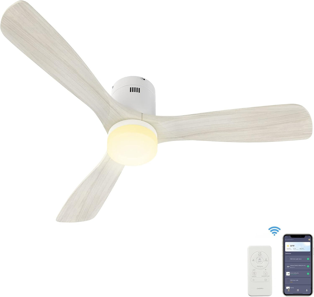 SMAAIR Smart Ceiling Fans with Lights Damp Covered, Solid Wood Flush Mount, Tri-Color Temperatures LED Dimmable,Quiet Reversible Motor, Works with Alexa|Google Assistant|Siri Shortcuts (52inch, White)