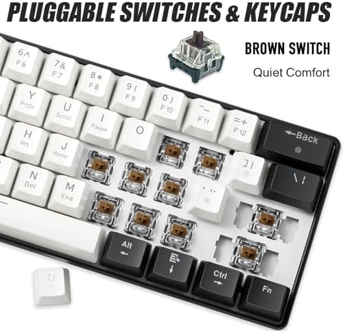abucow 60% Mechanical Gaming Keyboard Brown Switch Wired Compact Keyboard Anti-Ghosting No-Conflict 61 Swappable keycaps Ergonomic Design for Windows/Mac (Black-White)