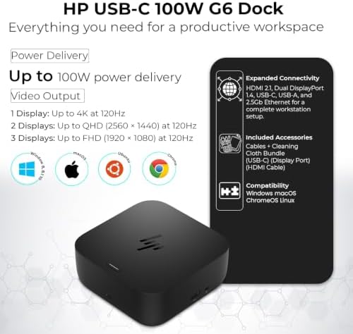 HP USB-C G6 100W Docking Station with HDMI, DisplayPort & USB Ports