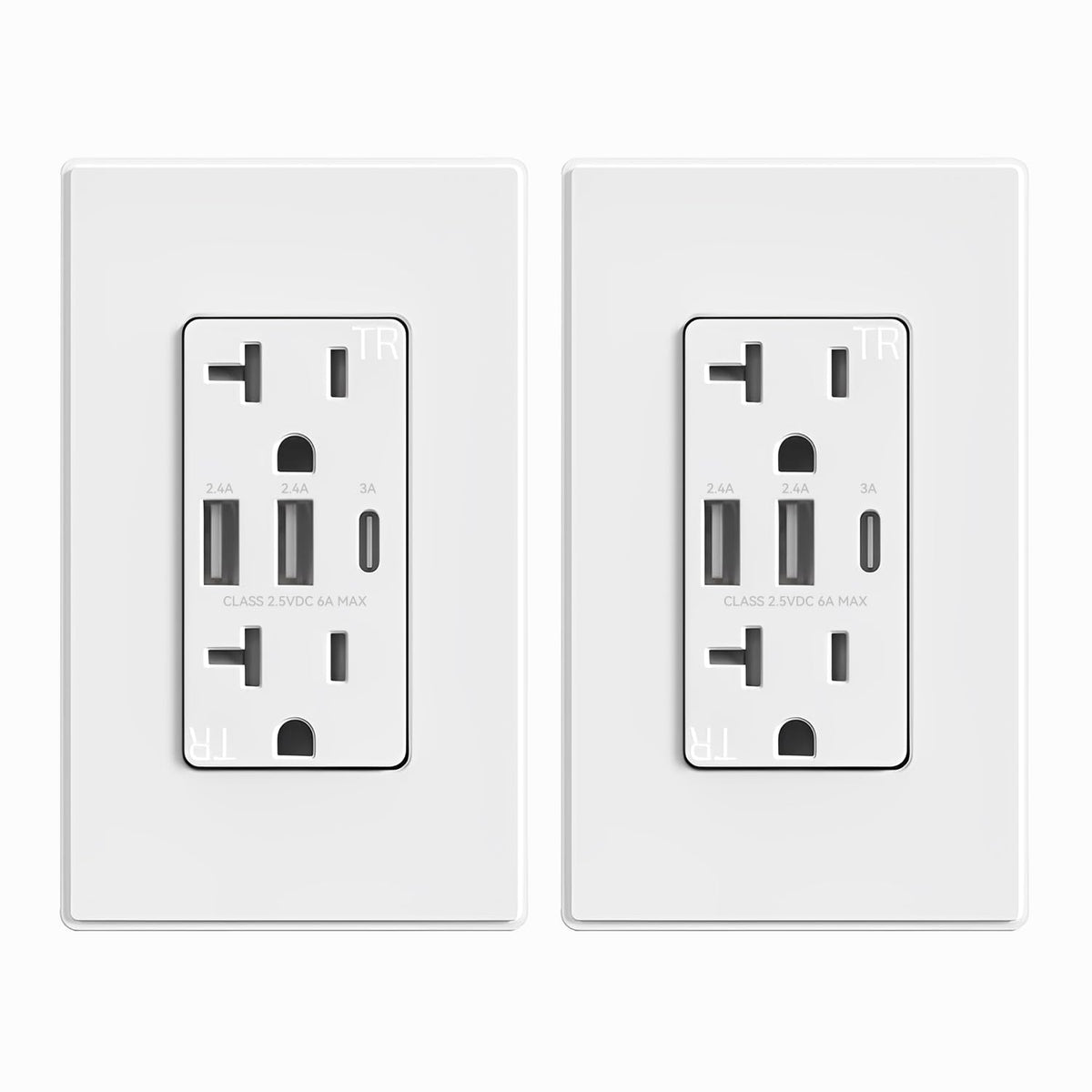 ELEGRP USB Outlets Receptacles, 3-Port Wall Outlet, 30W 6.0A Electrical Outlet, 15 Amp Tamper-Resistant Outlet with Type C Ports, UL Listed, Wall Plate Included, 2 Pack, Matte Gray
