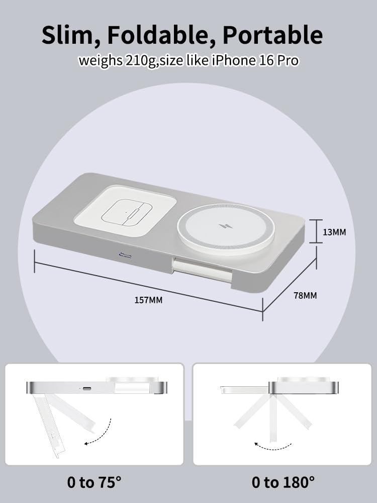 3-in-1 Foldable Wireless Charging Station for iPhone, Apple Watch, AirPods, Aluminum Alloy Frame, 15W Fast Charging, 0-180 Adjustable Stand, Qi Magnetic Wireless Charger (Silver)