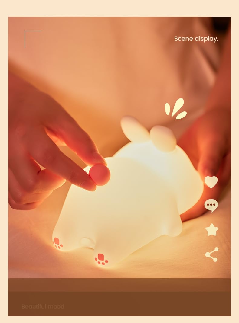 ATSUI Rabbit Night Light, LED Squishy Novelty Animal Night Lamp, Food Grade Silicone 3 Level Dimmable Nursery Nightlight for Desk Decor, Funny Gifts Stuff for Boys Girls Baby, White Elephant Gifts