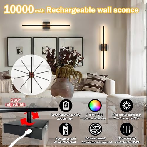 Battery Operated Wall Sconce Set Of 2, Wireless Wall light With Remote Control, 10000mAh Rechargeable Wall Sconce Up To 70 hrs Of Lighting Time, RGB Dimmable Wall Lamp For Bedroom Hallway, 360°Rotate