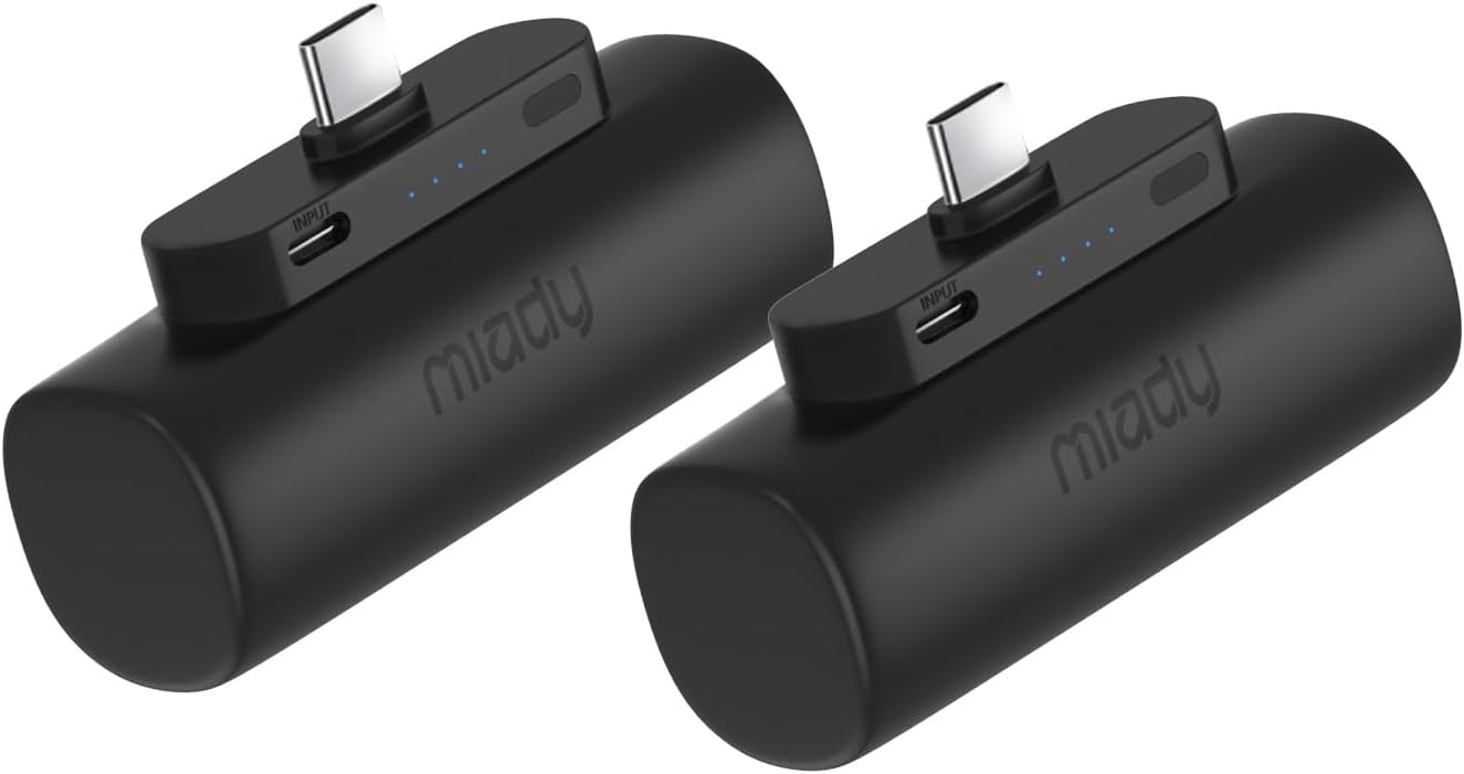 Miady 2-Pack Mini Portable Charger Built-in USB C Connector Small PowerBank | 5000mAh丨Lightweight丨for Backpack Travel丨Compatible with iPhone 17 Galaxy Android丨Ultra-Compact丨Flight-Safe丨18Wh丨White+White