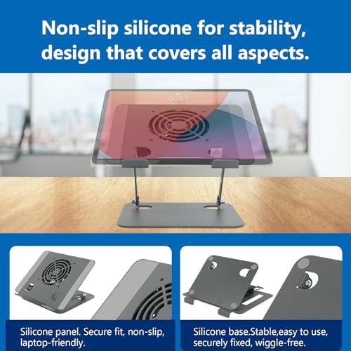 Laptop Cooling Stand with Fan and One Key Switch | Ergonomic Adjustable Height Desk Computer Holder for All 10-16''Laptops & Tablets Perfect for Gaming, DJ, Office - Gray