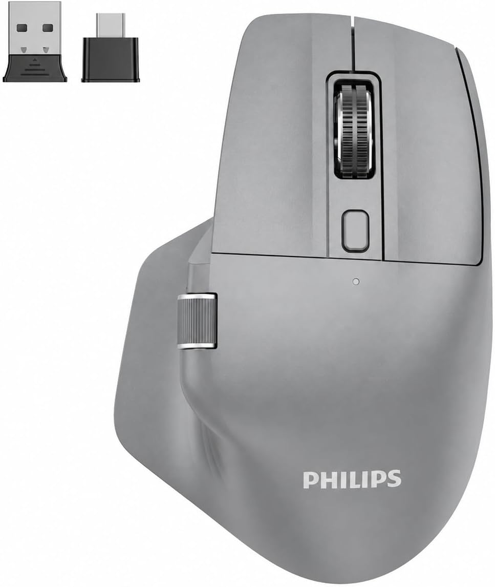 PHILIPS Ergonomic Wireless Mouse, Multi-Device Bluetooth (USB-A/C) for Laptop & Mac/PC, Silent Productivity Mouse with Side Scroll, 5-Level DPI Rechargeable Computer Mouse, Right-Handed Comfort