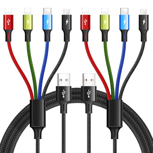 4 in 1 Multi Charging Cable ,3.5A Multiple Charger Cord Braided,2Pack 4Ft | Multi USB Cable, Car Charging Cord with Lightning/Type C/Micro Ports for Cell Phones/iPhone17-8/Tablets/Galaxy & More