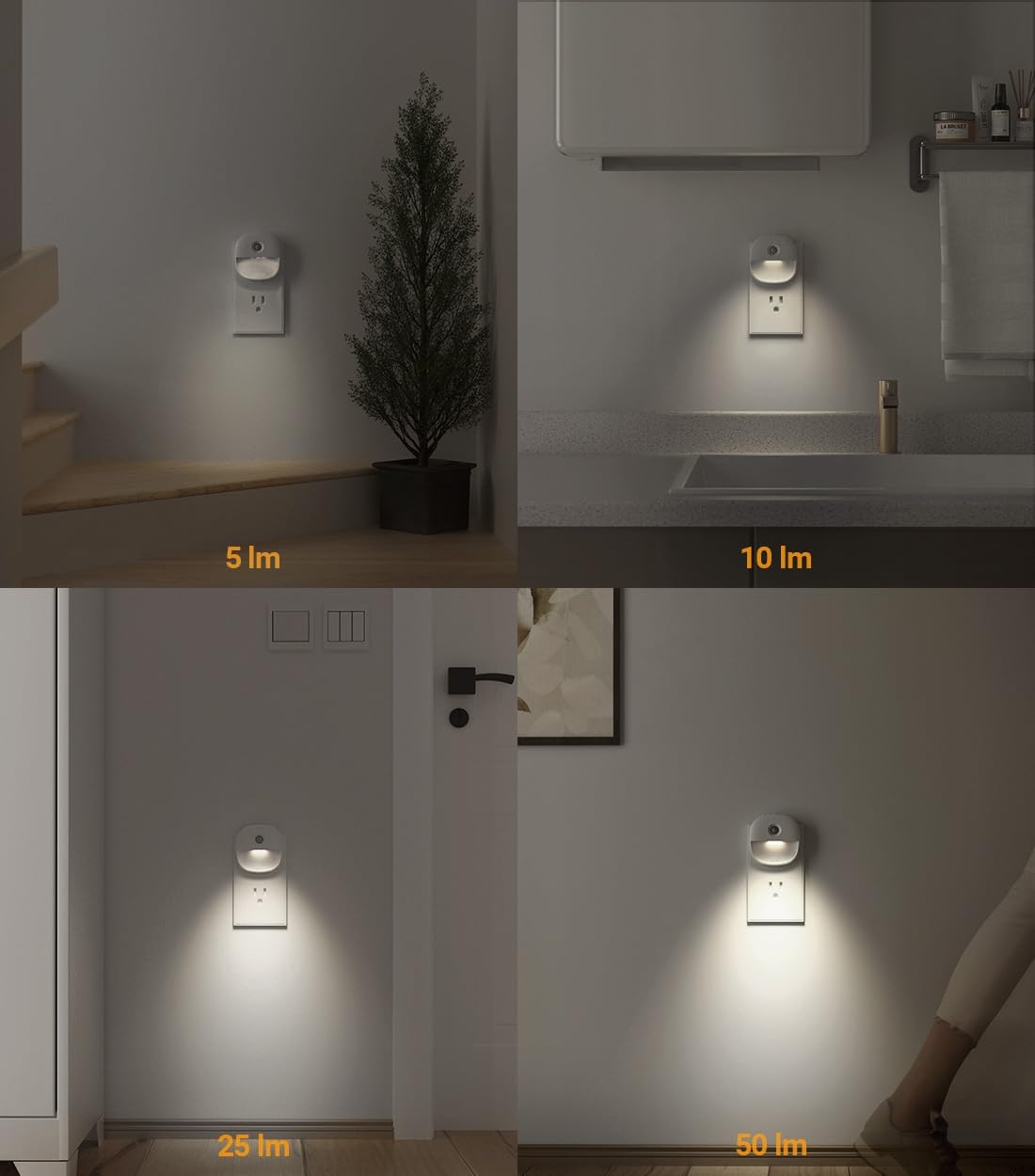 Lyridz Plug in Night Light with Motion Sensor and Dusk to Dawn Sensor, Dimmable Cool White Nightlight with 1-50lm Adjustable Brightness for Bedroom, Bathroom, Stairs, Hallway, 2 Pack