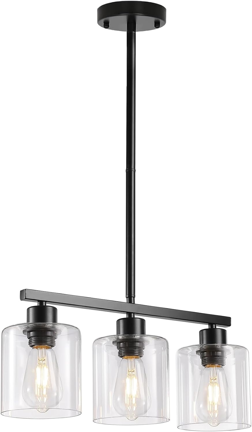 3-Light Kitchen Island Lighting, Black Pendant Light Fixture, Farmhouse Dining Room Light Fixtures Over Table, Modern Hanging Light Fixtures with Clear Glass, E26 Base, Bulbs Not Included