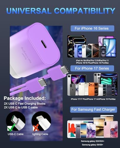 Phone 17 16 15 Charger Fast Charging,30W USB C Phone 17 16 15 Pro Max Charger Block&10FT Long Type C Cable Cord for i.Phone 17/17 Air/17 Pro/17 Pro Max/16/16 ProMax/15/15 Pro Max,Purple Gradient