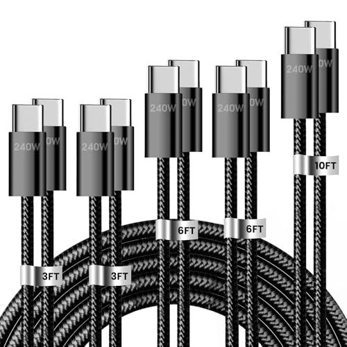 240W USB C to USB C Cable, 5 Pack Braided Type-C Fast Charging Cord(Black)