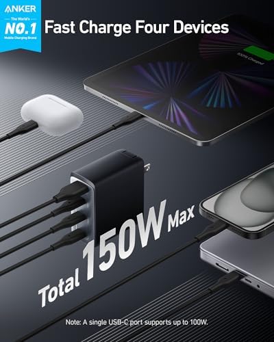 Anker 150W Max USB C Charger Block, 4-Port Compact Foldable GaN Charger for MacBook Pro/Air, iPhone 17/16 and More Series, Dell and More | For MacBook Pro/Air, iPhone 17/17 Plus/17 Pro Max/16/16 Plus/16 Pro Max/15 Pro Max, Dell and more