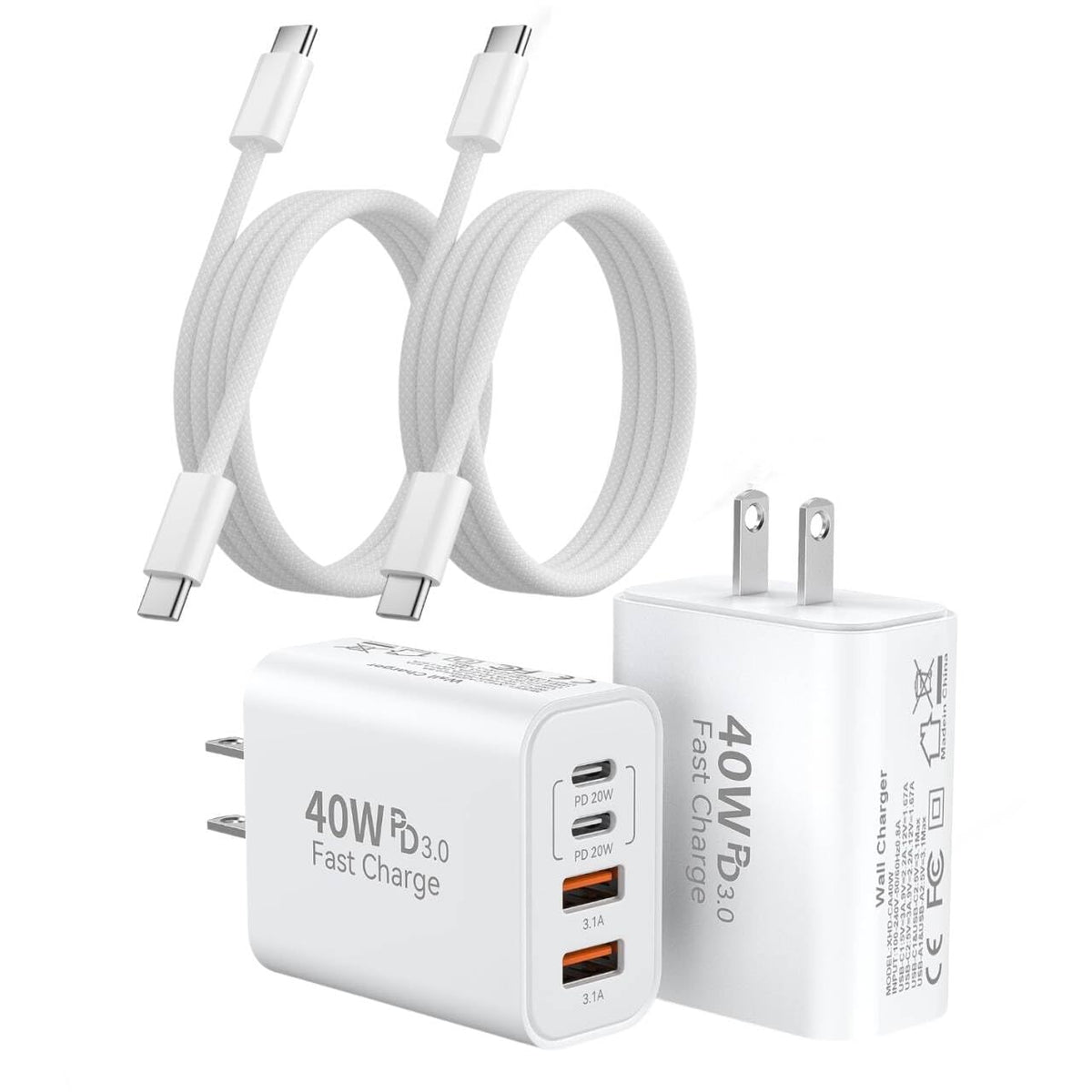 10Foot USB C-C Woven Fast Charging Cable,Apple 40W 4Port USB C Wall Charger