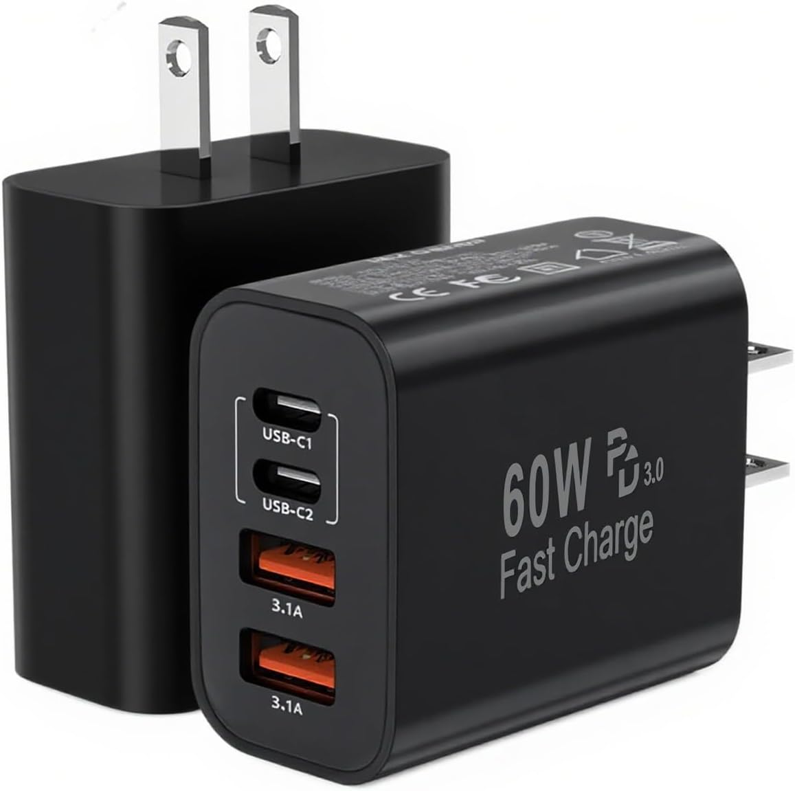 60W USB C Charger Block,2Pack 4-Port GaN USB C Charger Fast Charging Wall Plug Dual Type C+Dual USB-A Port Multiport Power Adapter Cube for iPhone 17 Pro Max/16e/15/14/13/12/11,iPad Pro/Air/Mini