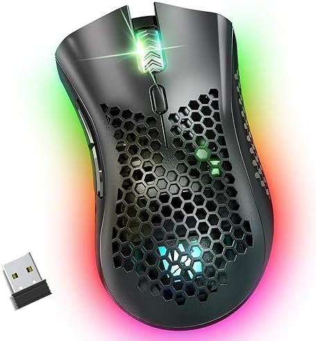 WolfLawS KM-1 RGB Wireless Gaming Mouse with Honeycomb Shell Computer Mouse | 2.4G USB Receiver, 6 Buttons, 3 Adjustable DPI, Rechargeable Ergonomic Mouse for PC Mac Laptop
