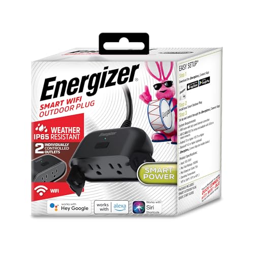 Energizer Smart Wi-Fi Outdoor Plug, Water-Resistant, 2 Individually Controlled Outlets, Customizable Schedules/Remote Access with App, Compatible with Alexa, Siri, Google Assistant, Black
