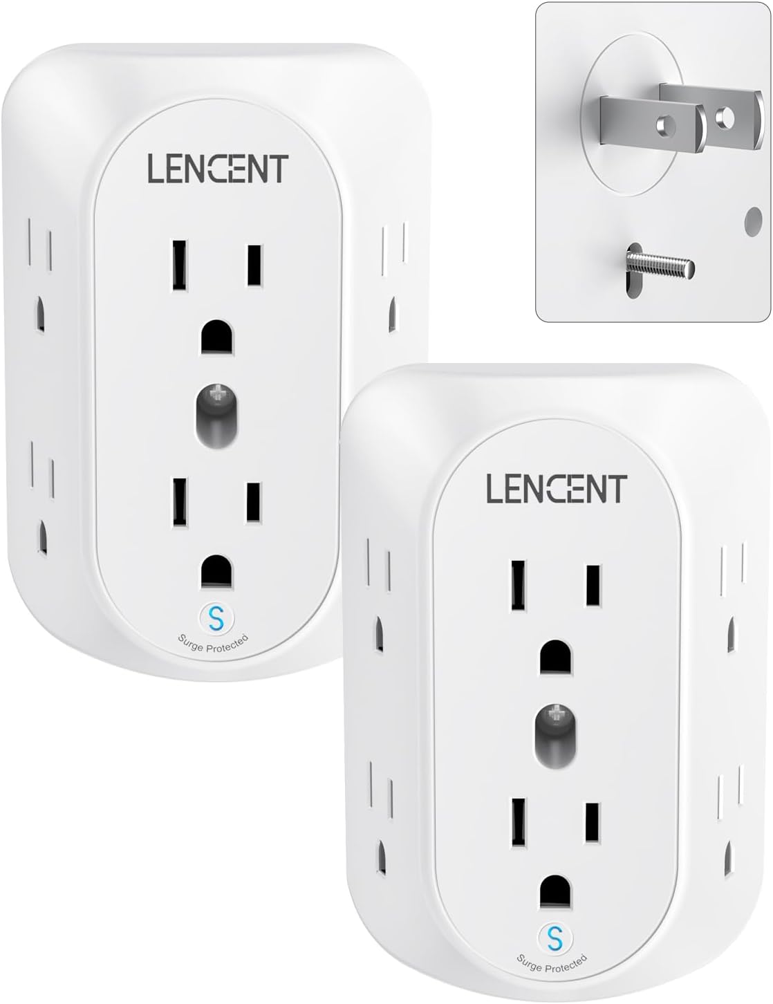 LENCENT 2 to 3 Prong Outlet Adapter, 3 to 2 Prong Grounding Adapter | Surge Protector, Multi Outlet Wall Plug with 6 Outlets, Power Socket Extender for Non Grounded Kitchen Office Older House