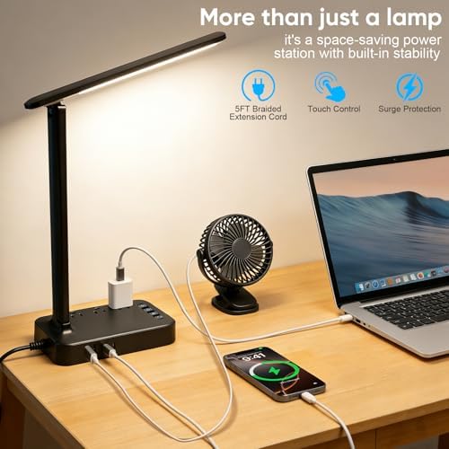 karidi LED Desk Lamp with Power Strip, 3 AC Outlets & 4 USB Ports (2 USB-C), Eye-Caring Task Light, 5 Color Modes 5 Brightness Dimmable, Sturdy Base Home Office Dorm Room Essentials