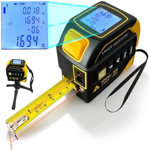 4 in 1 Laser Tape Measure, Digital Measuring Tape with 328ft Laser Measuring Tool & 16ft AutoLock Tape, Cross-Line Laser Level, Rechargeable for DIY Home Construction