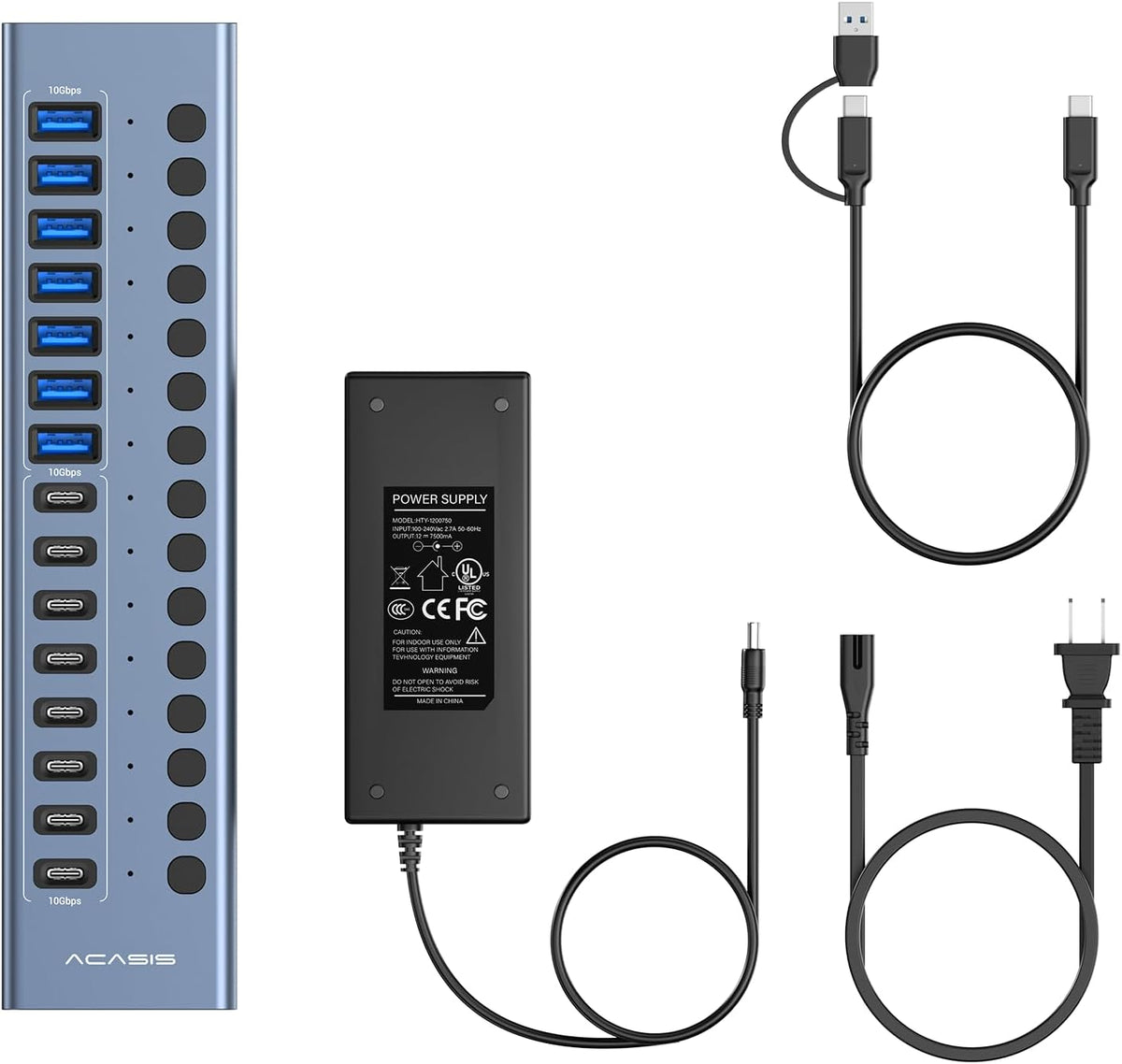 ACASIS 16 Ports Powered USB 3.2 Hub (8 USB-A 3.2 +8 USB-C 3.2), 10Gbps | Individual On/Off Switch for Each Port • Aluminum Housing • Better Heat Dissipation • Plug & Play • 96W Power Adapter