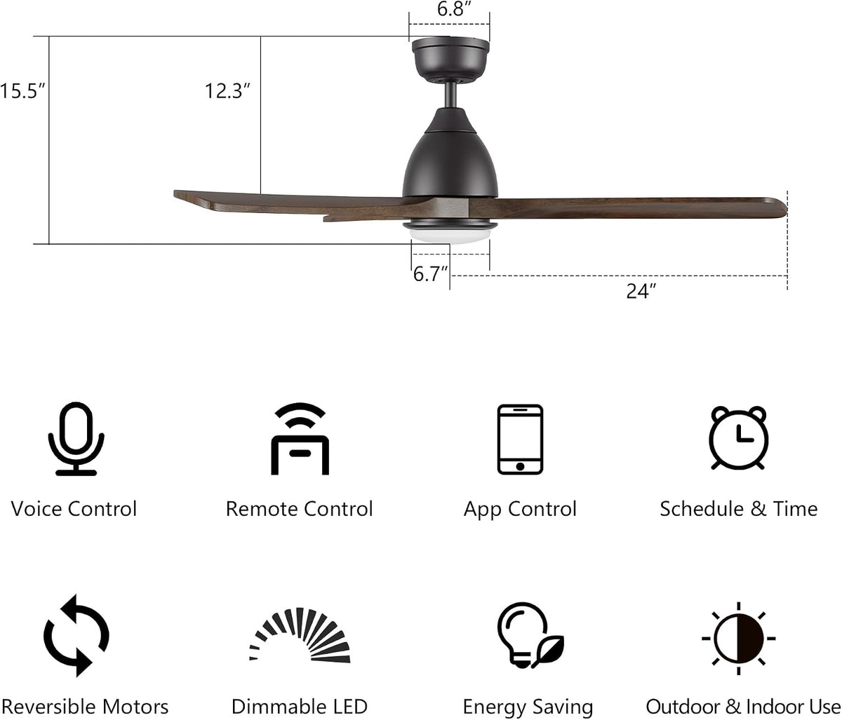 SMAAIR 48" Smart Ceiling Fan with Lights and Remote,Low Profile Modern Ceiling Fan,3 Solid Wood Blades,Works with Siri/A-Lexa/Google Assistant,10 Speed DC Motor,Dimmable,Indoor Use,Brown Walnut