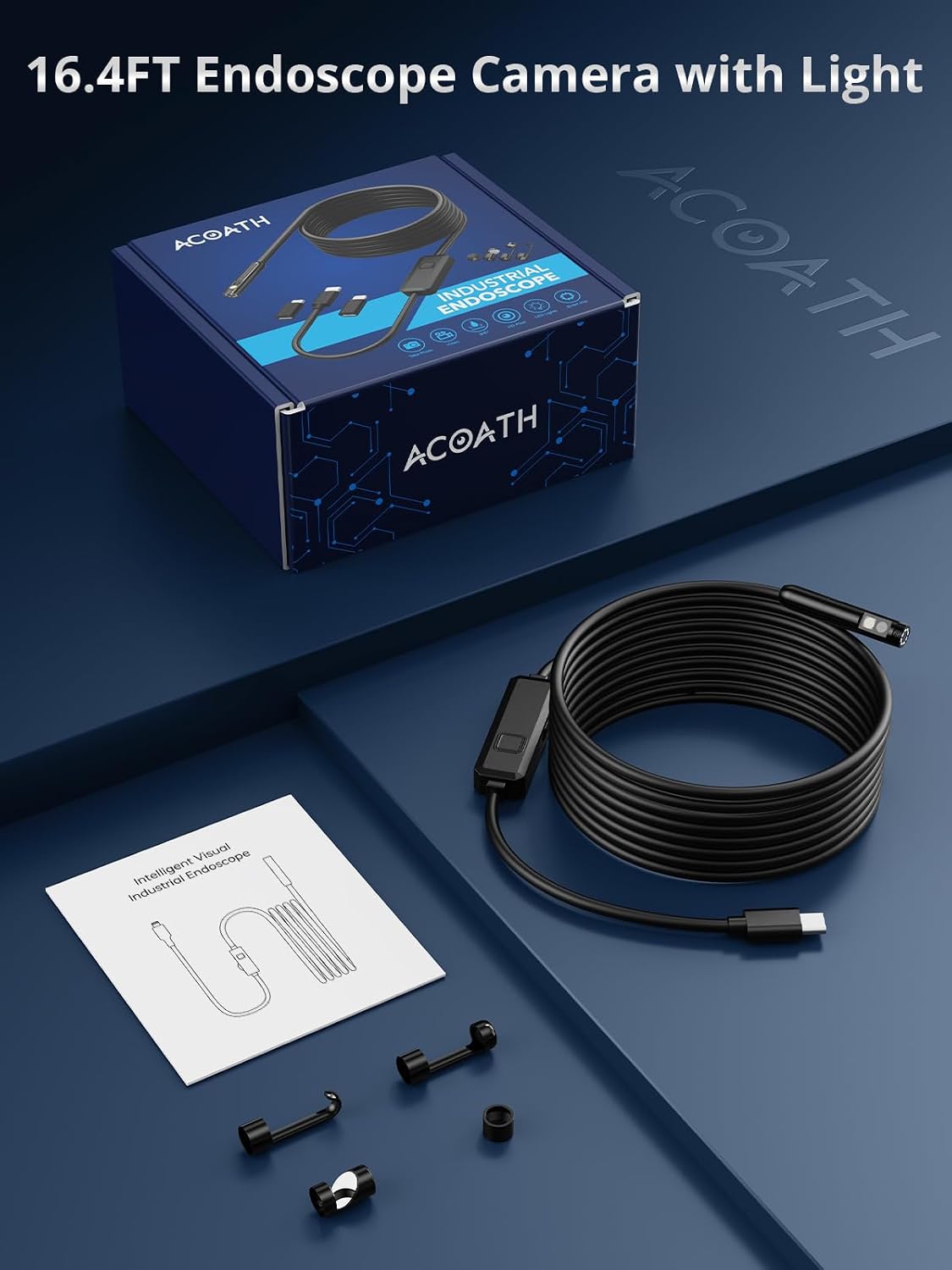 Endoscope Camera with Light, Dual-Lens 1920P HD Borescope with 8 Adjustable LED Lights, IP67 Waterproof Boroscope Inspection Tools, 16.4ft Semi-Rigid Snake Camera for iOS & Android