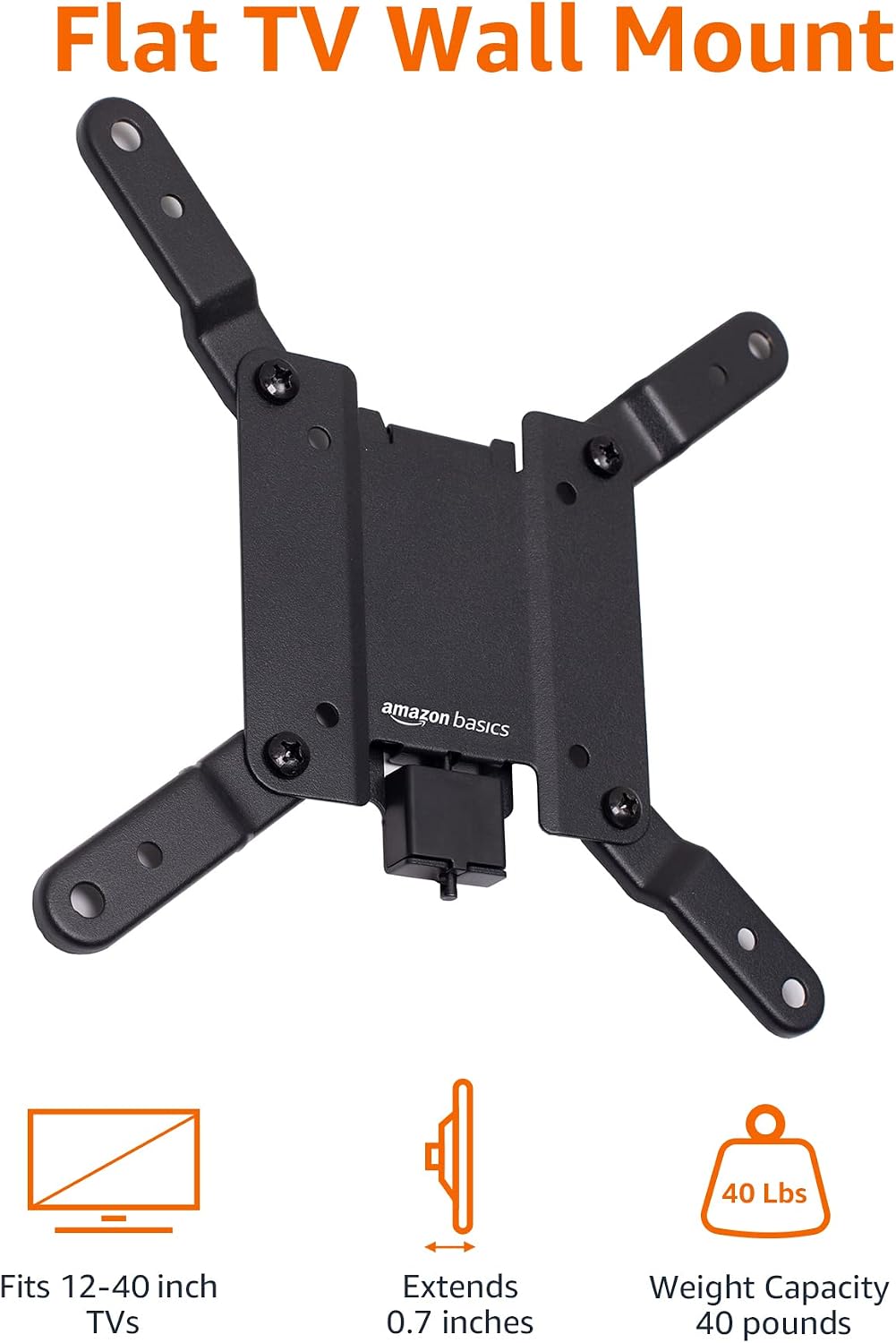 Amazon Basics Fixed Flat TV Wall Mount, Low Profile, for 12" to 40" TVs, VESA 200x200, 40 lbs Capacity, with Installation Template, Black