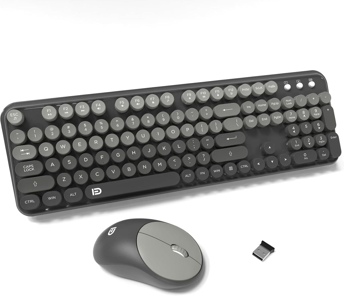 FD Wireless Keyboard and Mouse Combo - 2.4G Full-Sized Cute Colorful Mouse and Keyboard with 104 Round Keys Retro Typewriter Keyboards for Laptop/Windows/PC - Pink Gradient