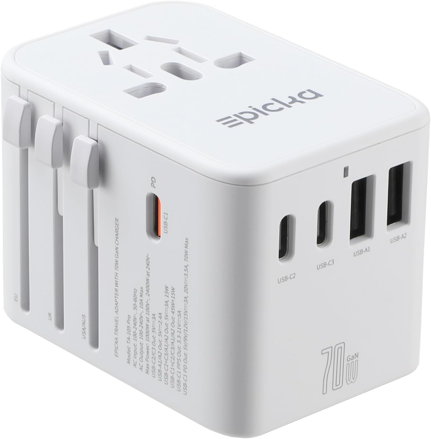 Epicka 70W GaN PD Universal Travel Adapter, 3USB-C/2USB-A | International Power Adapter for EU/US/UK/AU, PD Fast Charging for Multi-Device Travel, TA-105 Pro, Black